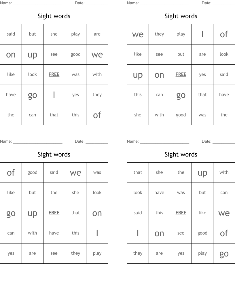 Sight words Bingo Cards