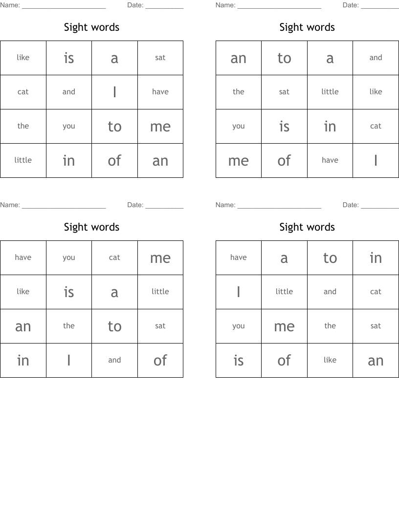 Sight words Bingo Cards