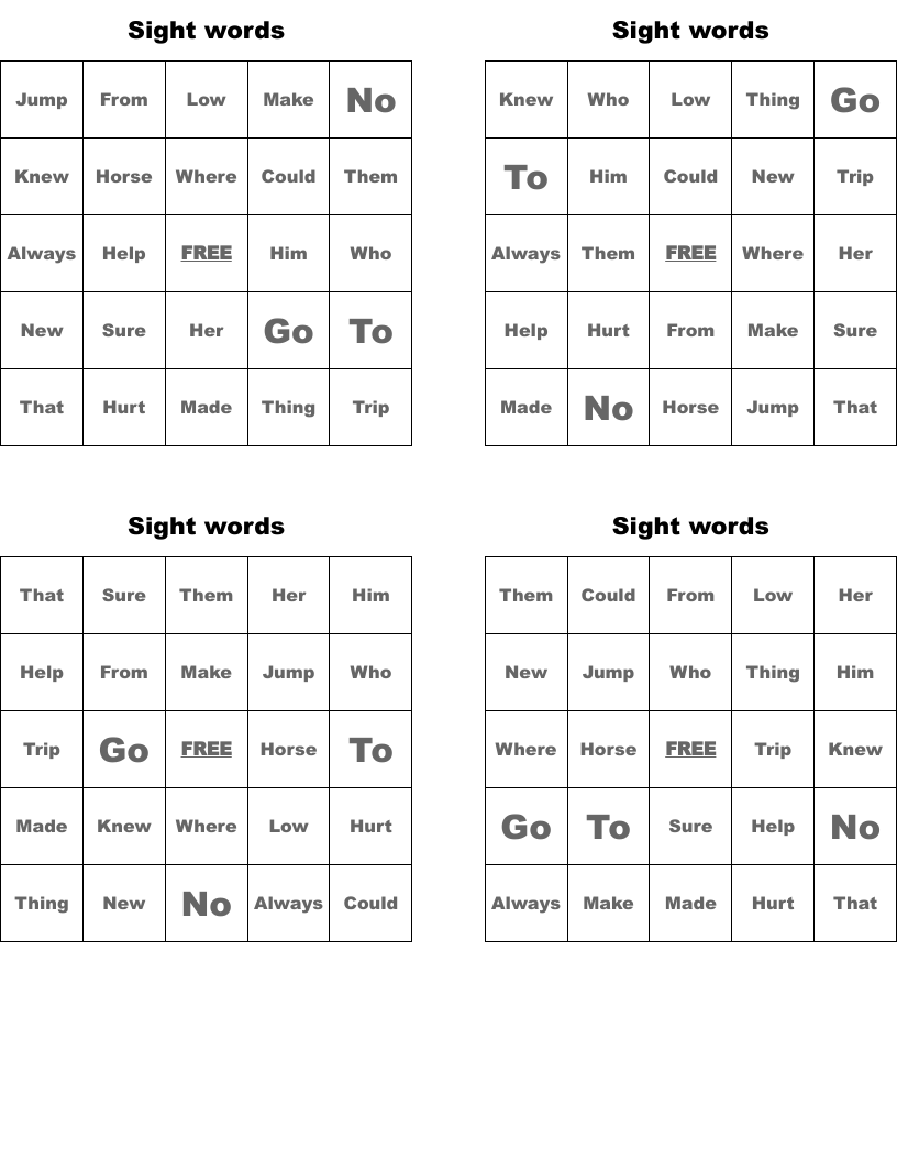 Sight words Bingo Cards