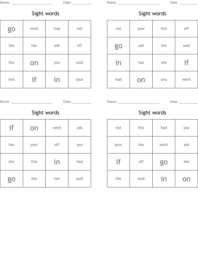 Sight words Bingo Cards