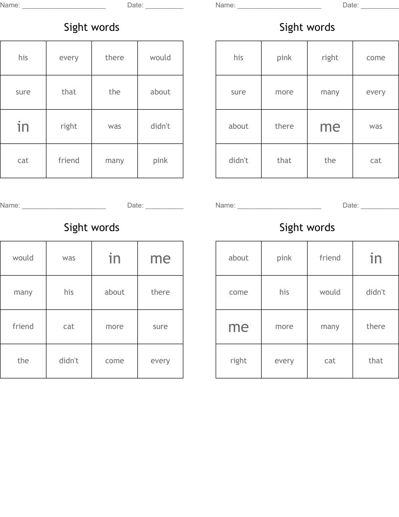 Sight words Bingo Cards