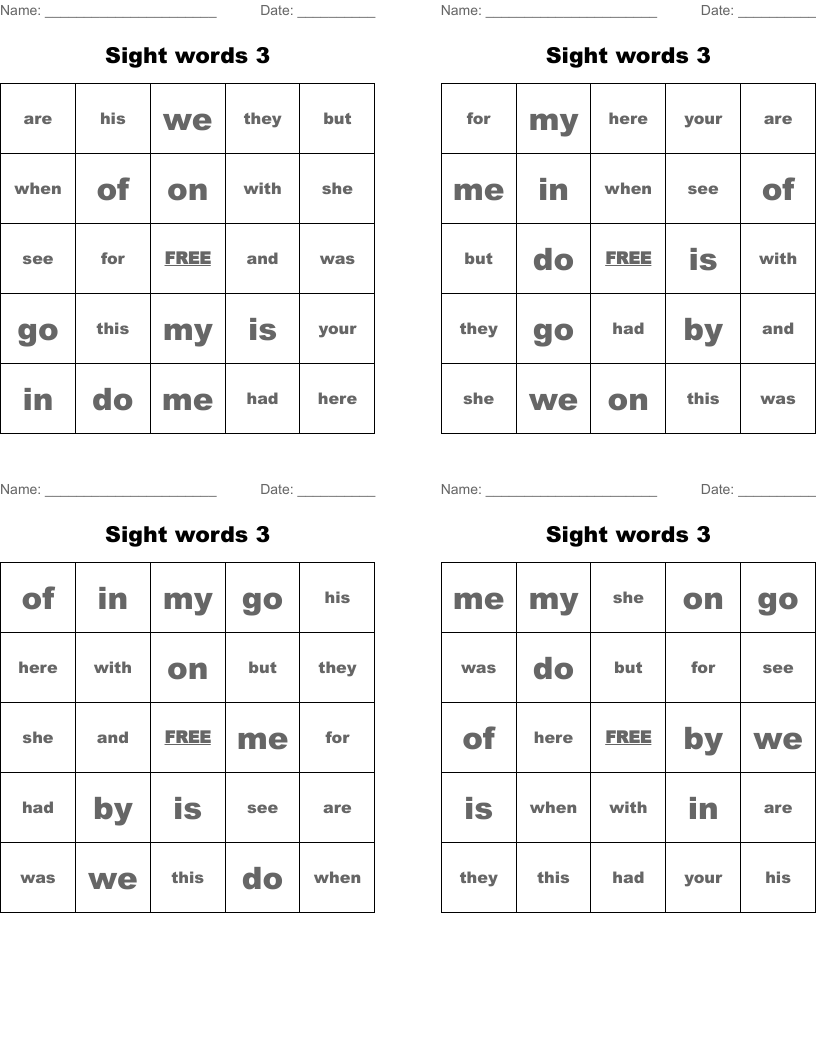 Sight words 3 Bingo Cards