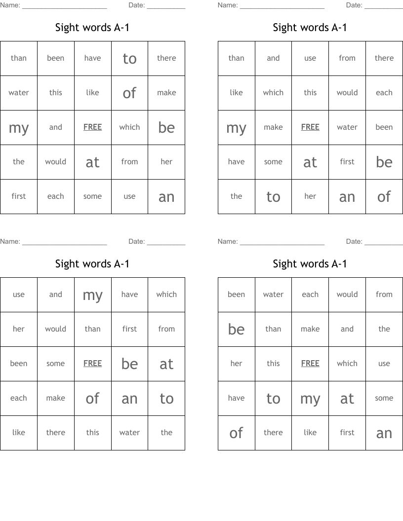 Sight words A-1 Bingo Cards