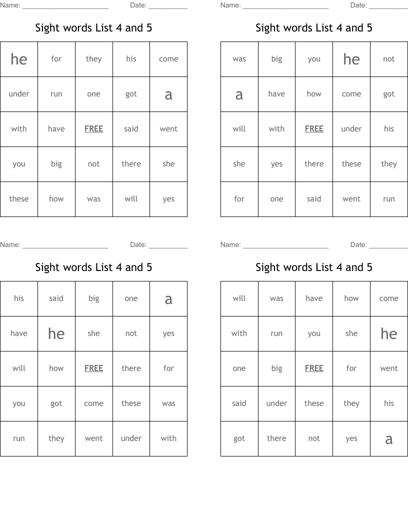 Sight words List 4 and   5 Bingo Cards