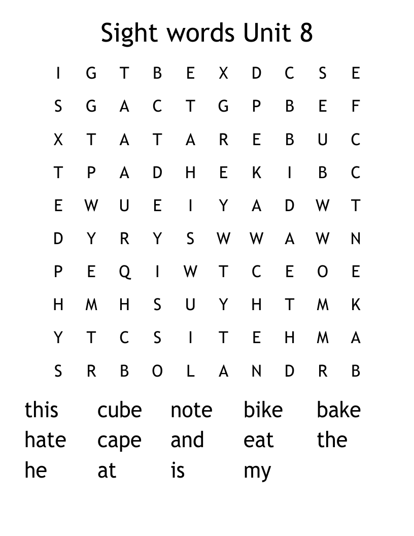 Sight words Unit 8 Word Search