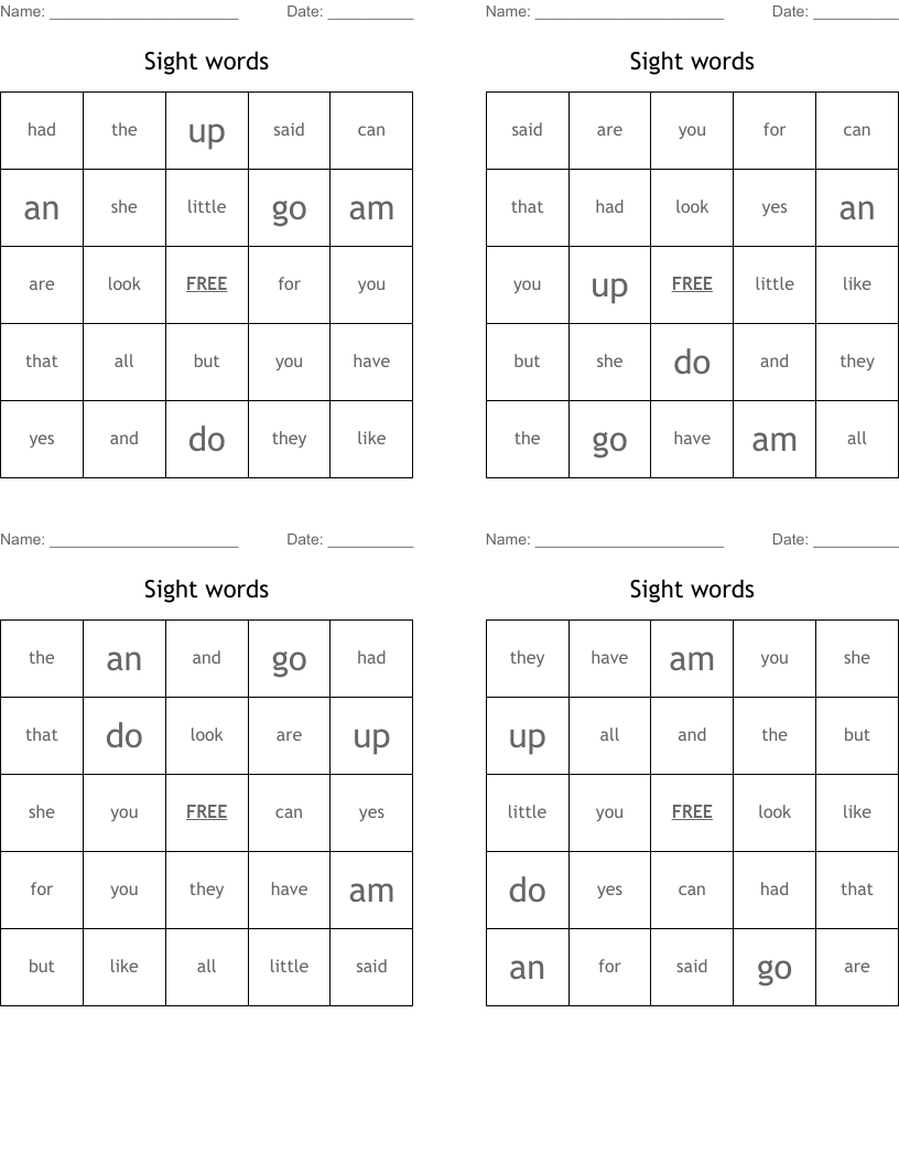 Sight words  Bingo Cards