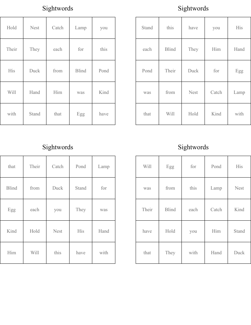 Sightwords Bingo Cards