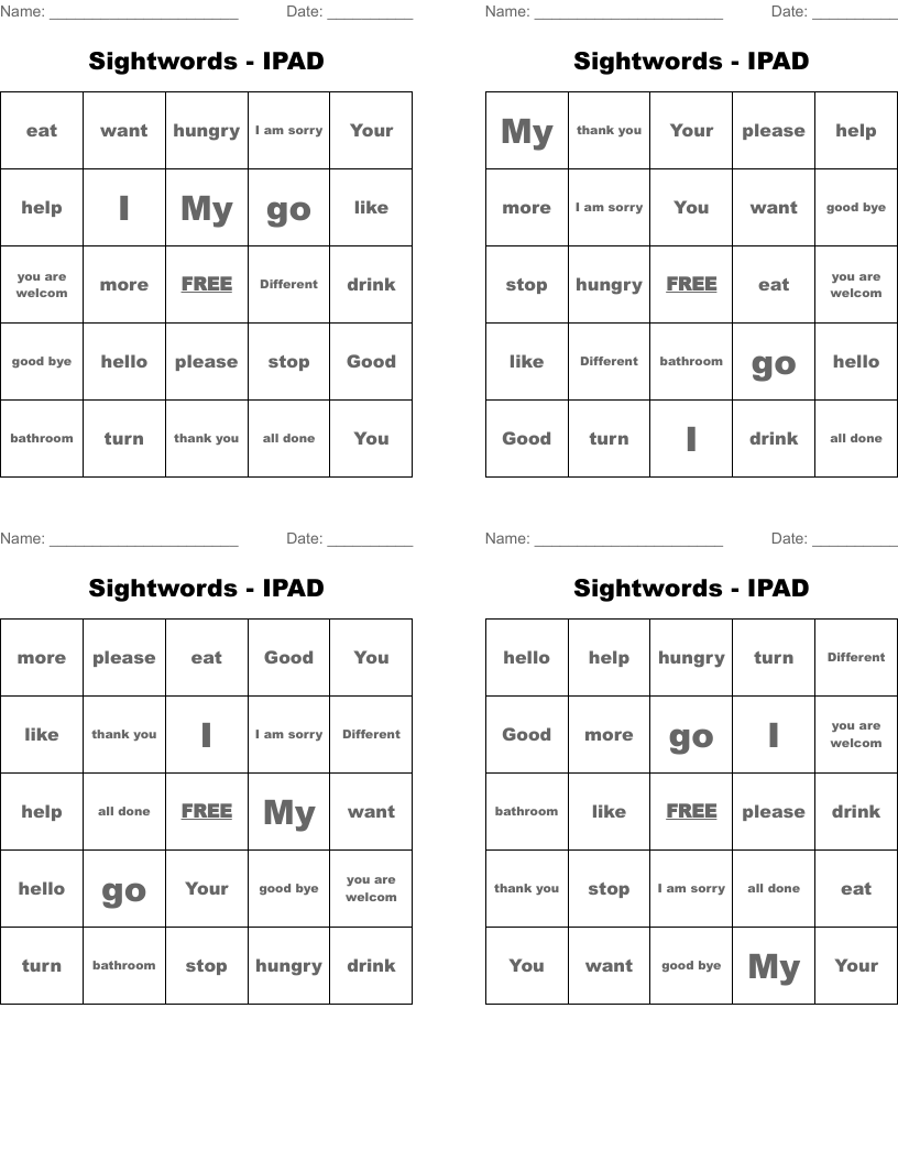 Sightwords - IPAD Bingo Cards