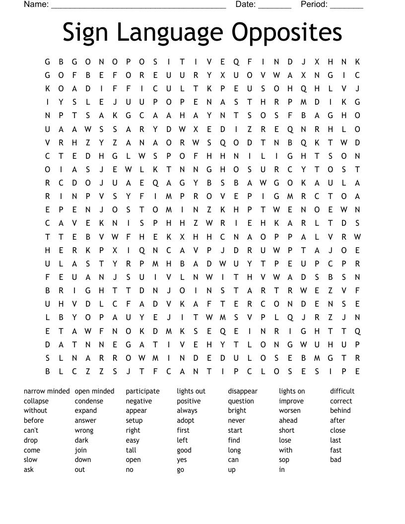 Sign Language Opposites Word Search