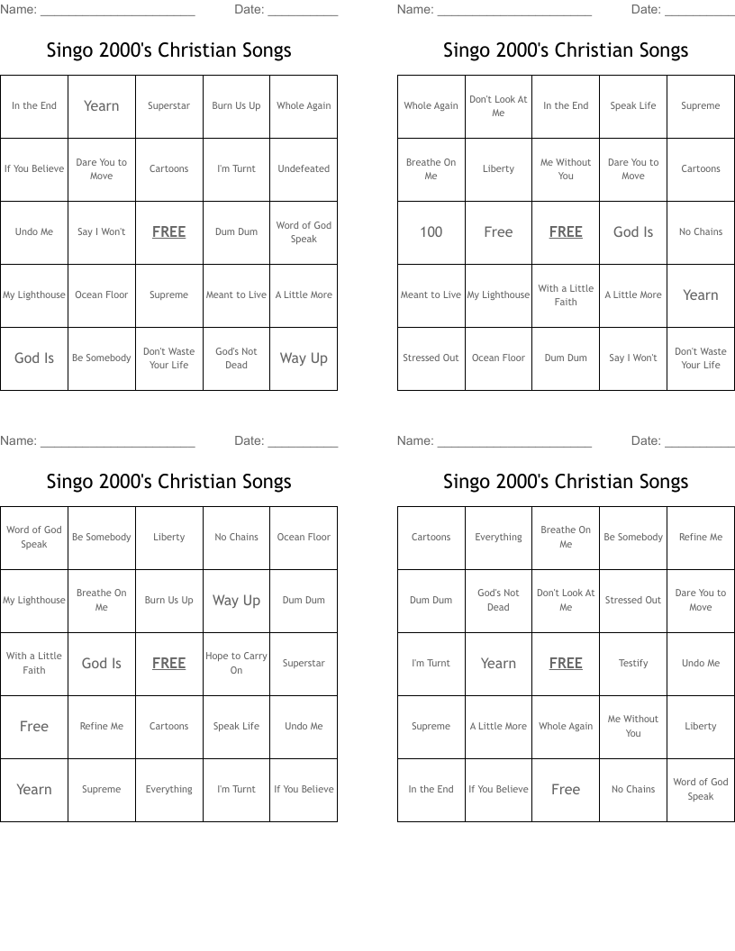 Singo 2000's Christian Songs Bingo Cards