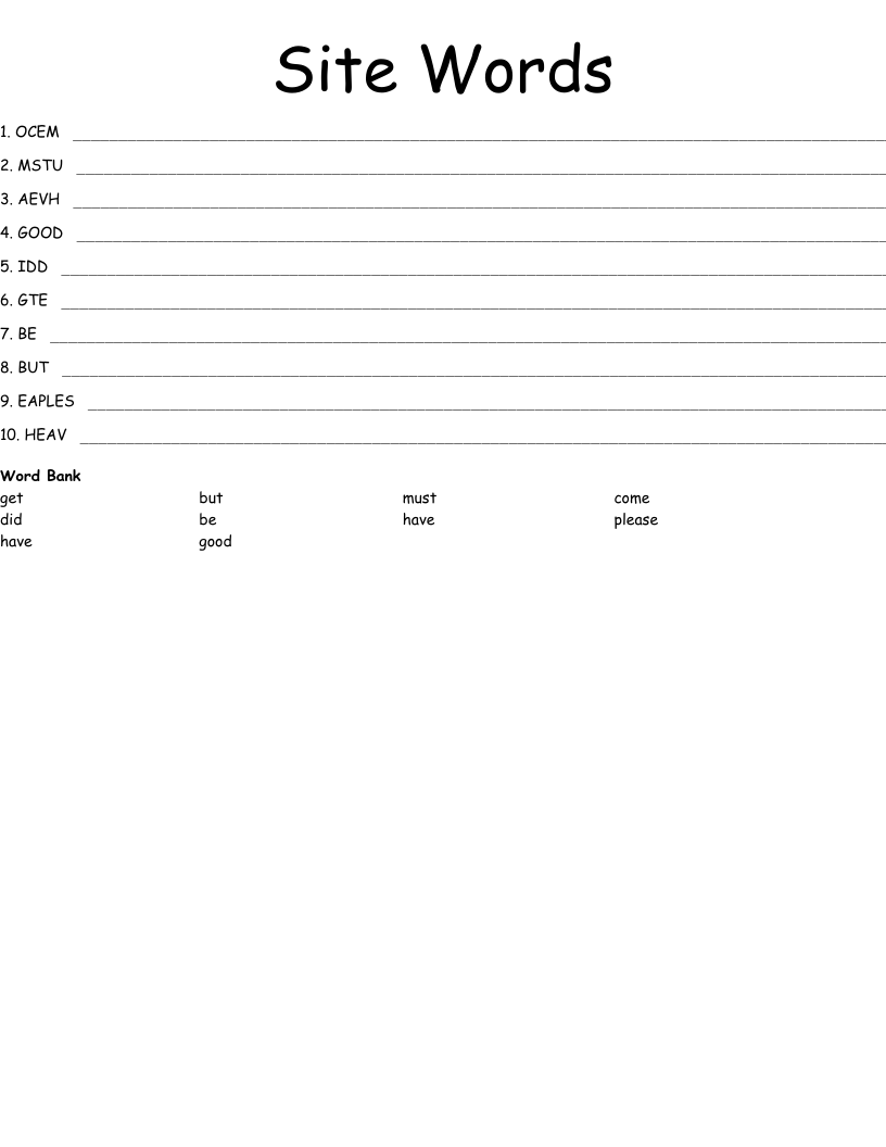 Site Words Word Scramble