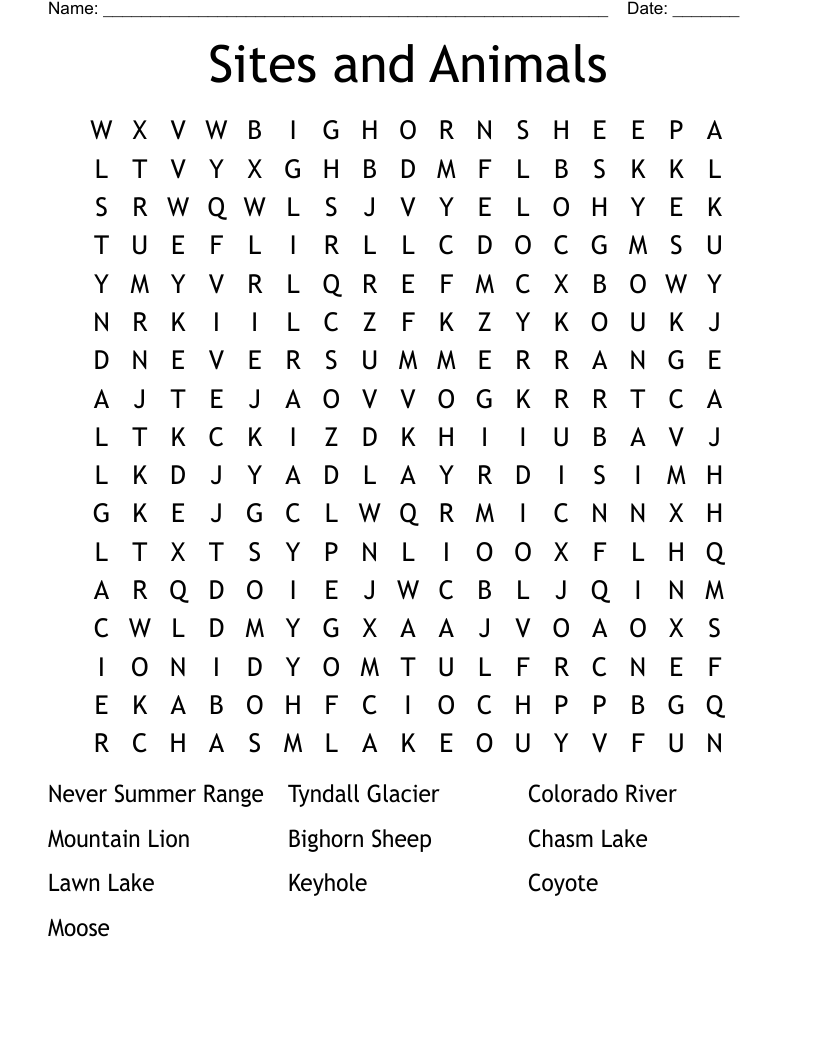 Sites and Animals Word Search