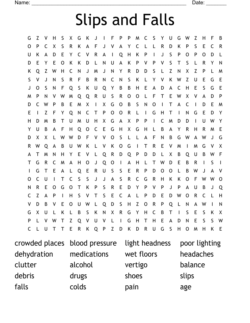 Slips and Falls Word Search