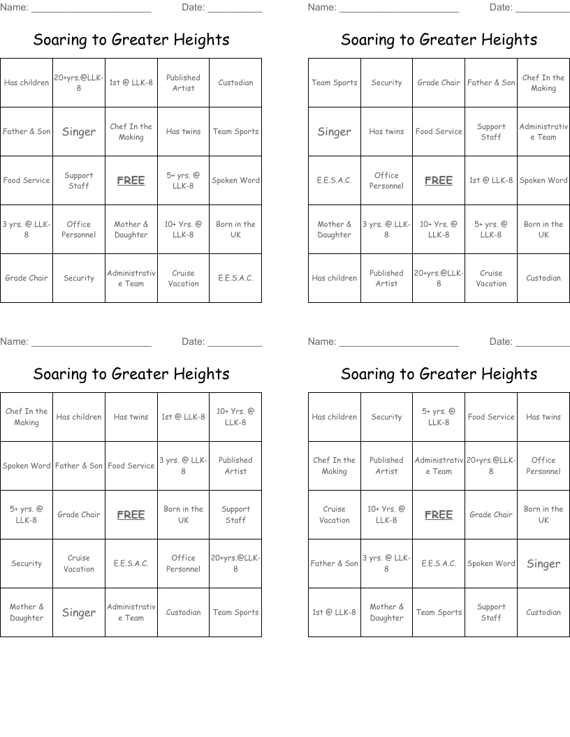 Soaring to Greater Heights Bingo Cards