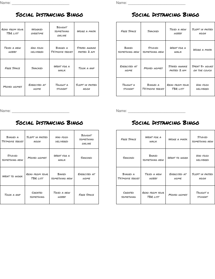 Social Distancing Bingo
