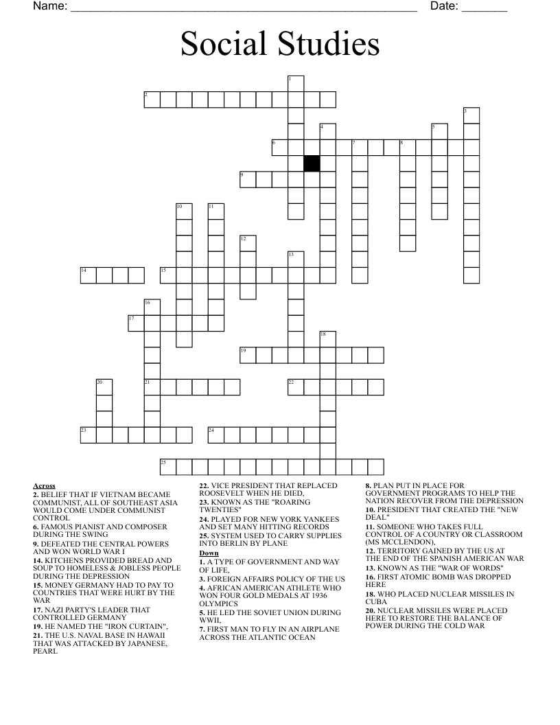 Social Studies Crossword