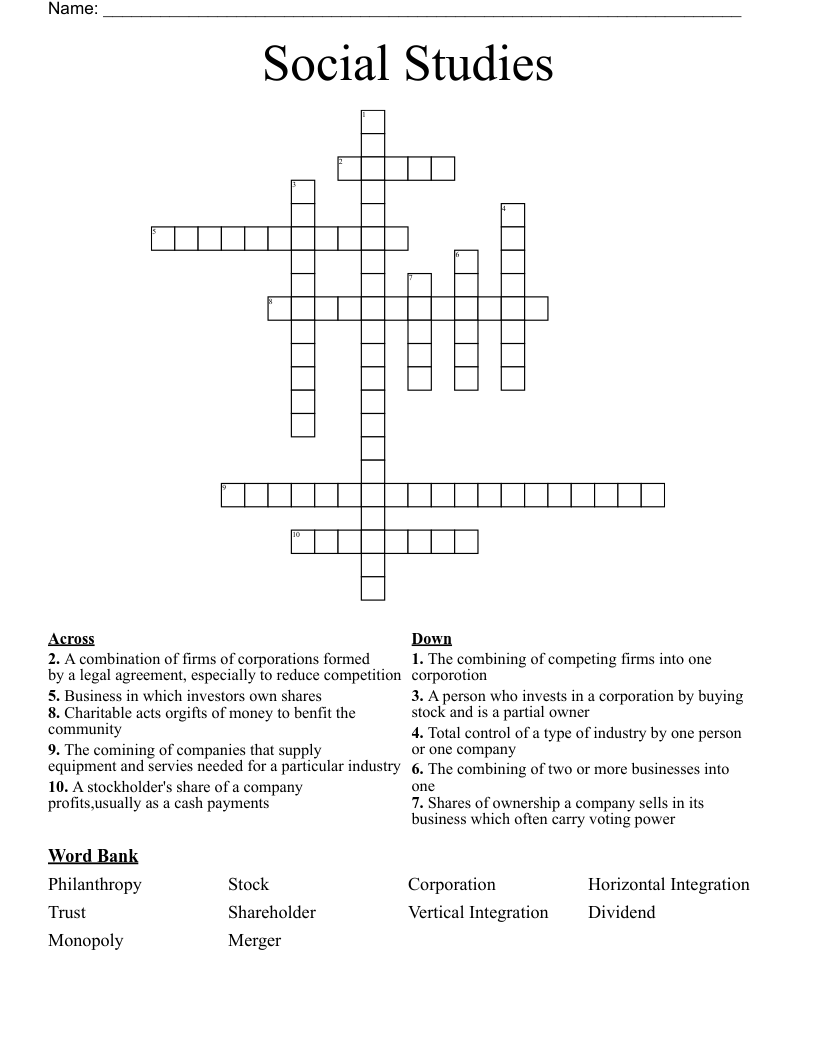Social Studies Crossword