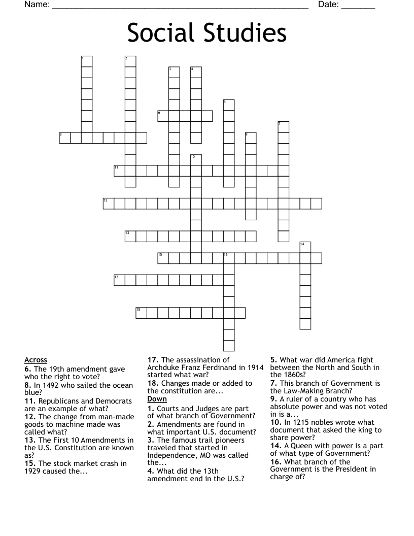 Social Studies  Crossword