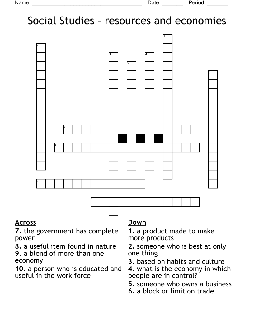 Social Studies - resources and economies  Crossword