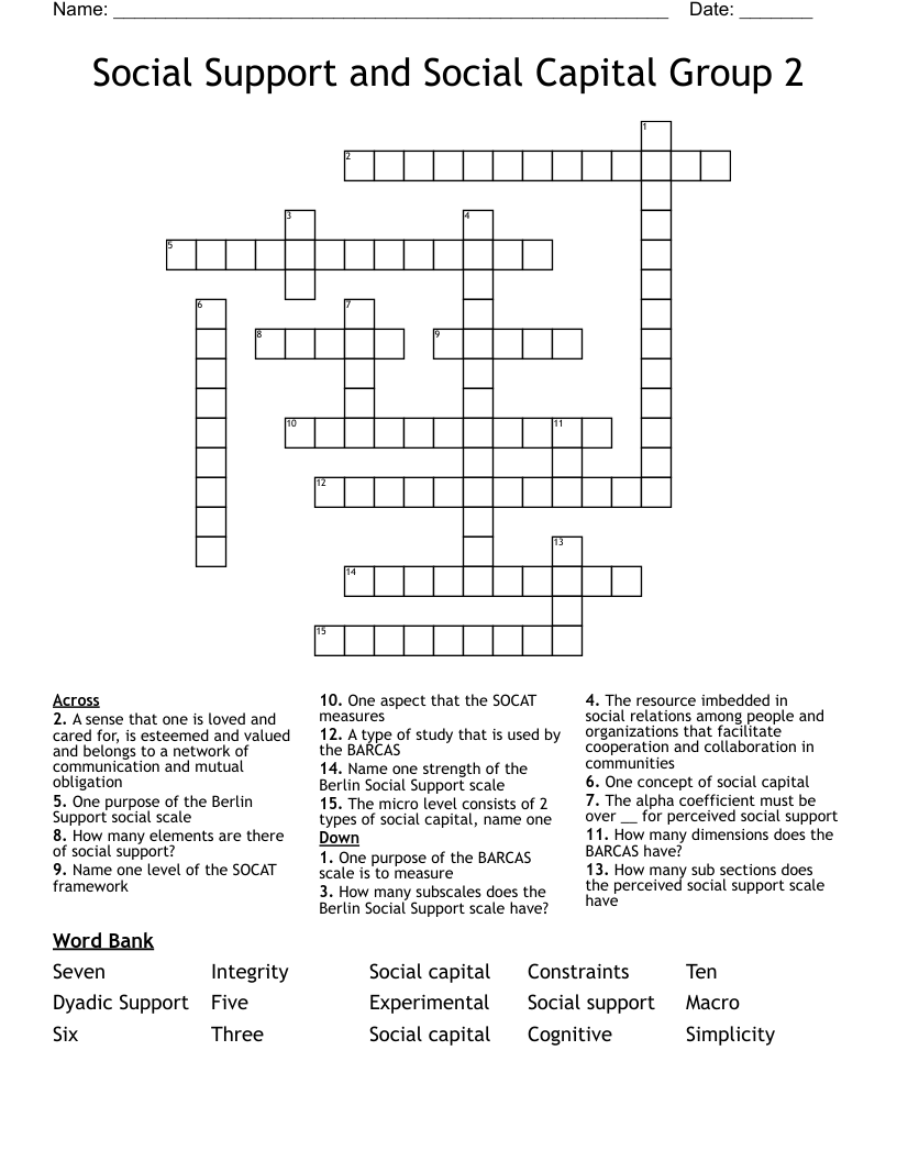 Social Support and Social Capital Group 2 Crossword