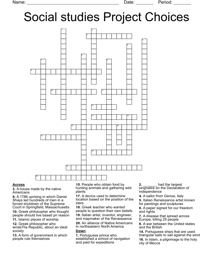 Social studies Project Choices  Crossword
