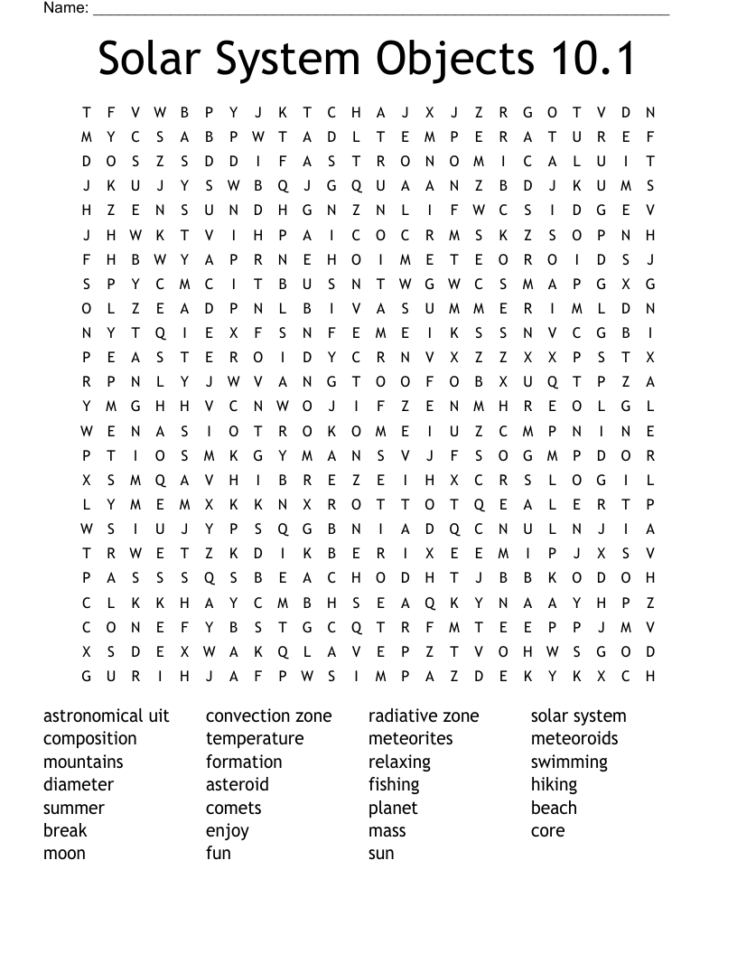 Solar System Objects 10.1 Word Search