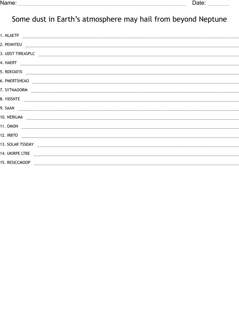 Some dust in Earth’s atmosphere may hail from beyond Neptune Word Scramble