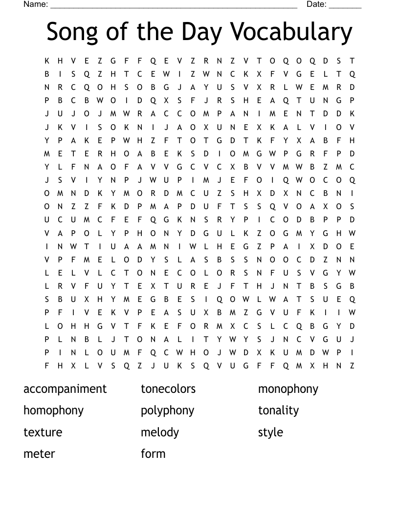 Song of the Day Vocabulary Word Search