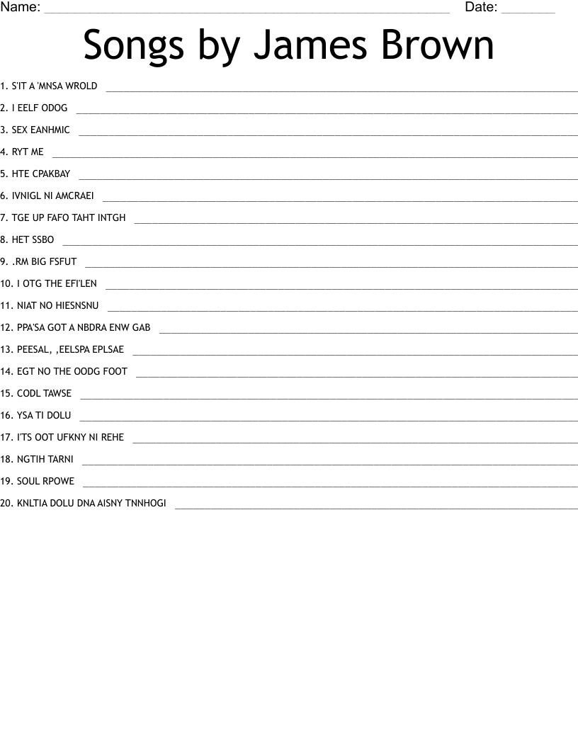 Songs by James Brown Word Scramble