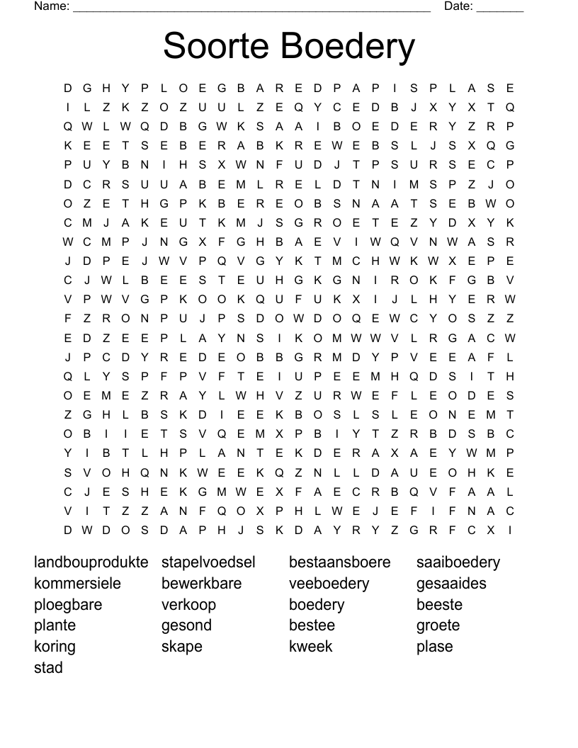 Soorte Boedery Word Search