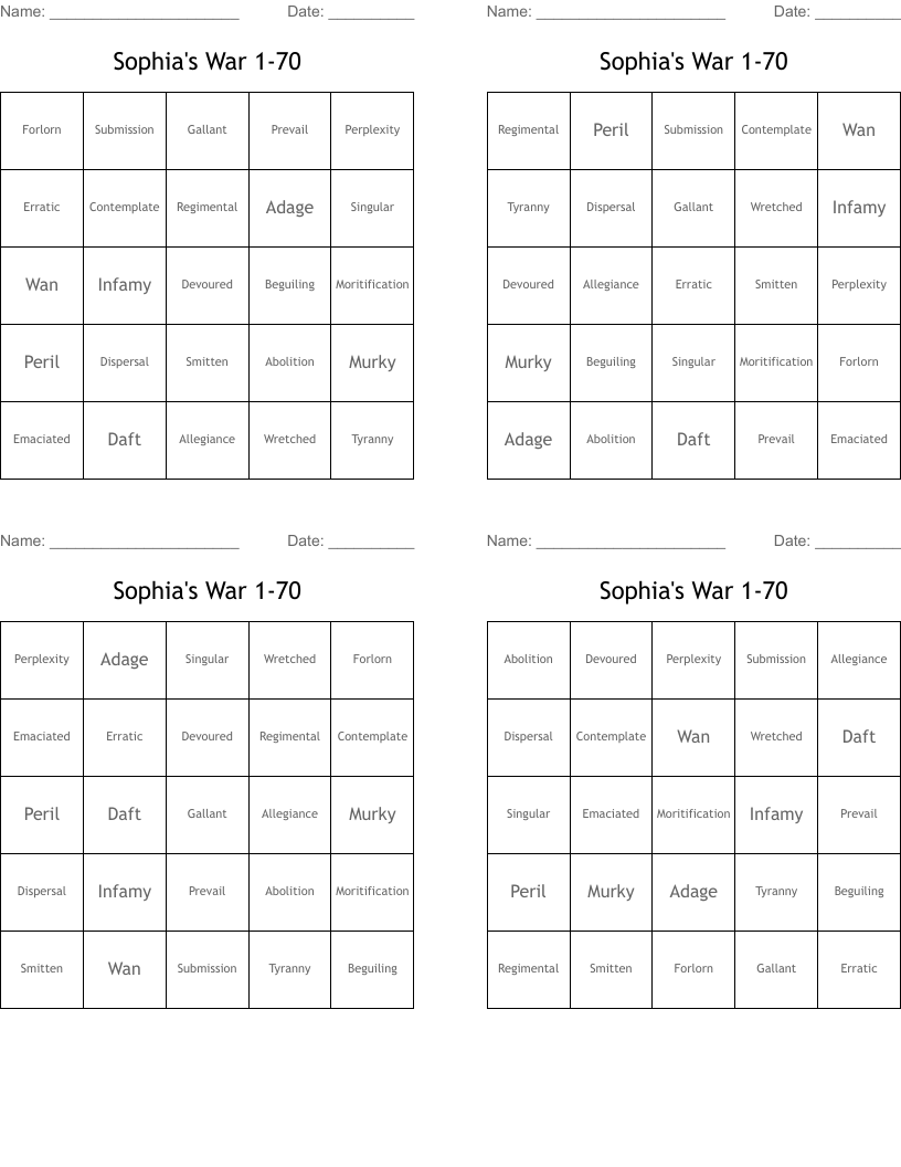 Sophia's War 1-70 Bingo Cards