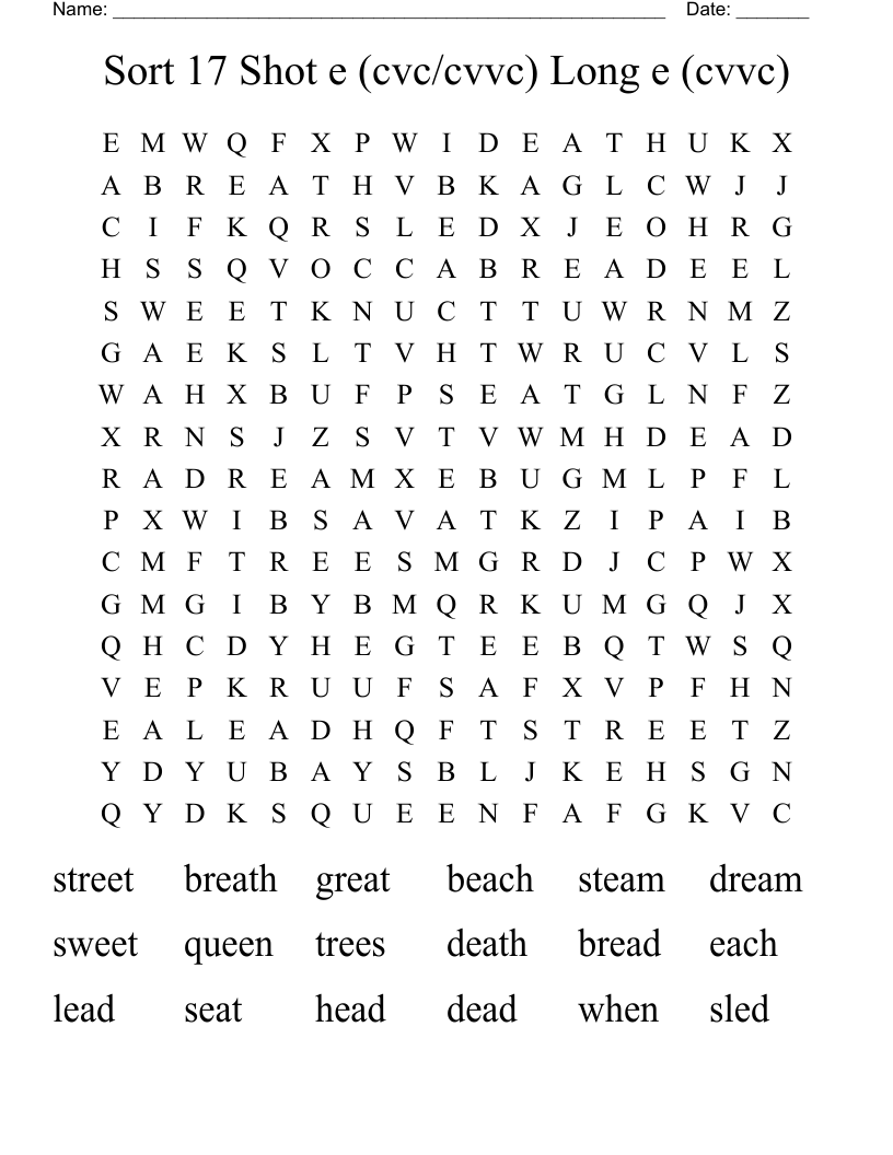 Sort 17 Shot e (cvc/cvvc) Long e   (cvvc) Word Search