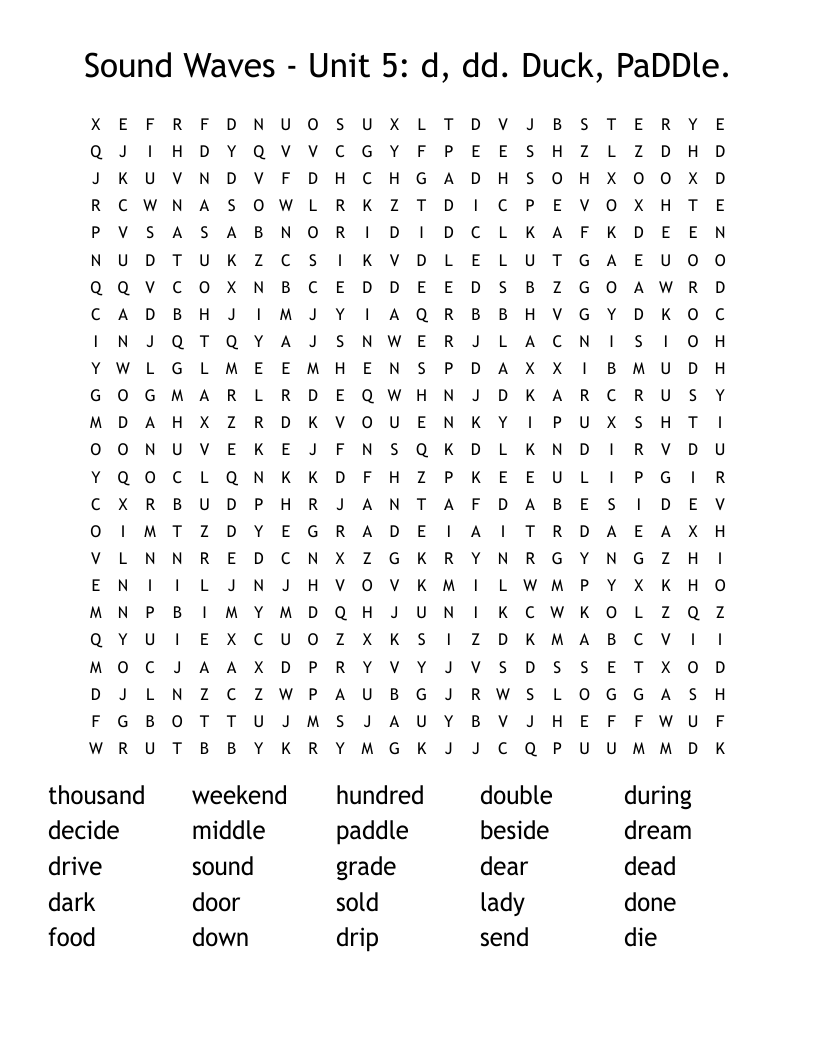 Sound Waves - Unit 5: d, dd. Duck, PaDDle. Word Search