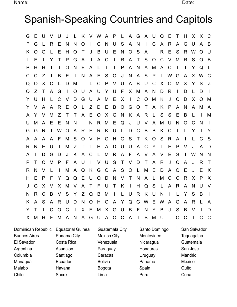 Spanish Speaking Countries And Capitals Worksheet WordMint
