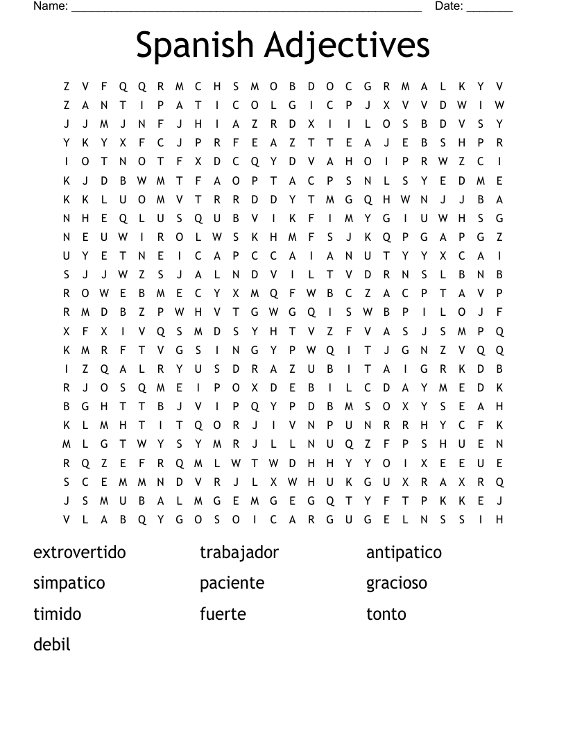 Spanish Adjectives Word Search