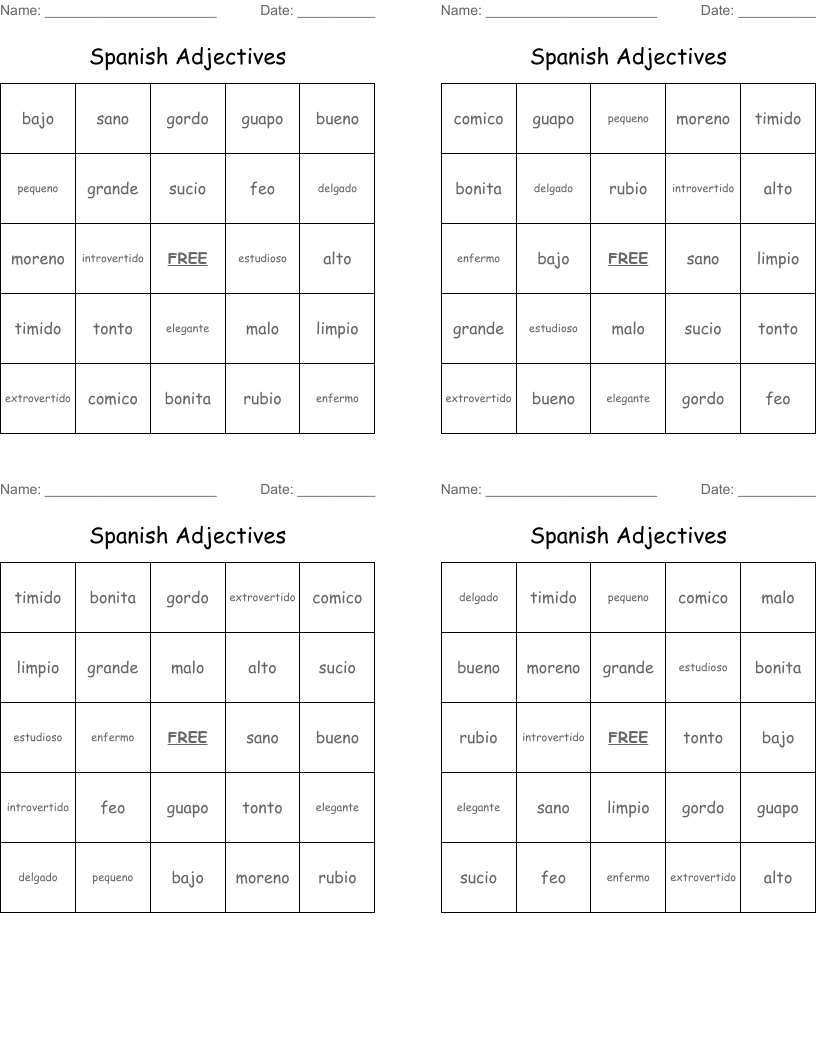 Spanish Adjectives Bingo Cards WordMint