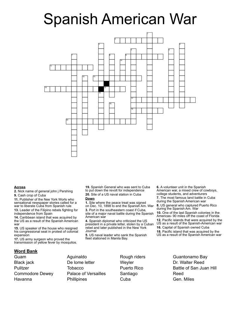 Spanish American War Crossword WordMint
