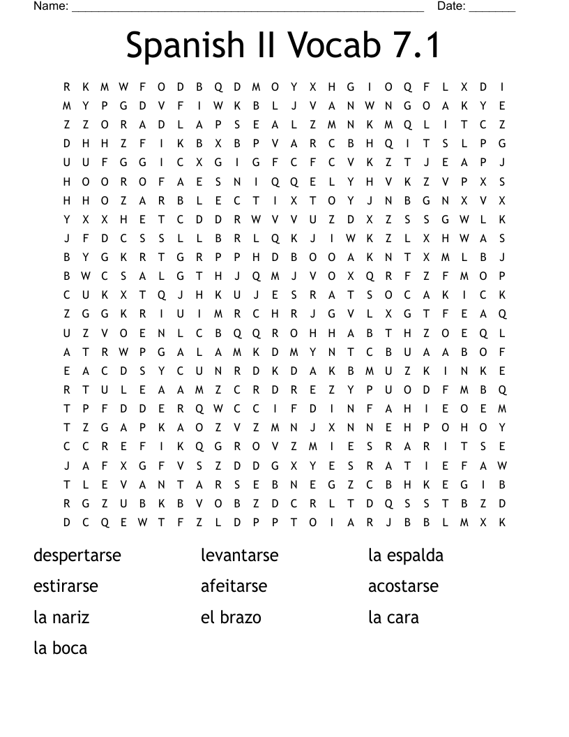Spanish II Vocab 7.1 Word Search