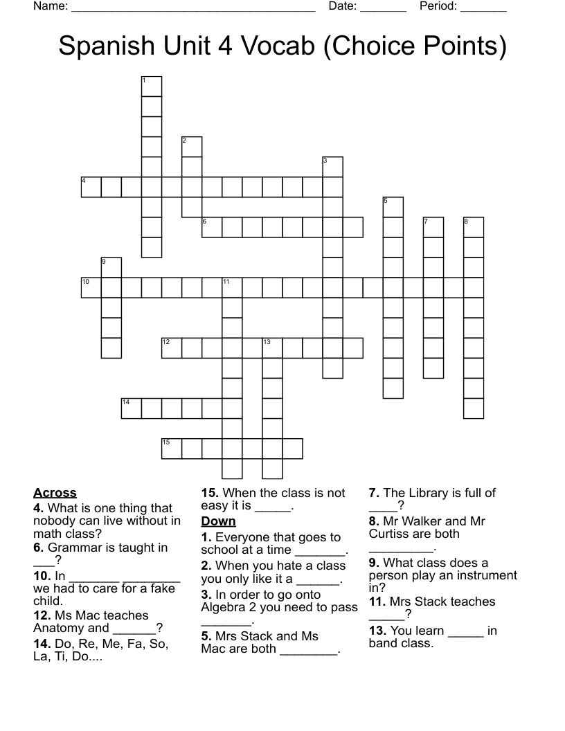 Spanish Unit 4 Vocab Choice Points Crossword WordMint