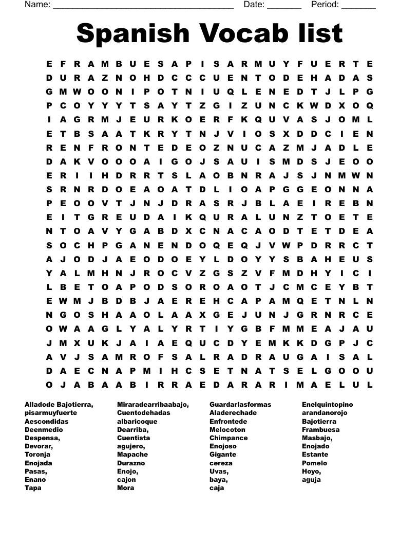 Spanish Vocab list Word Search