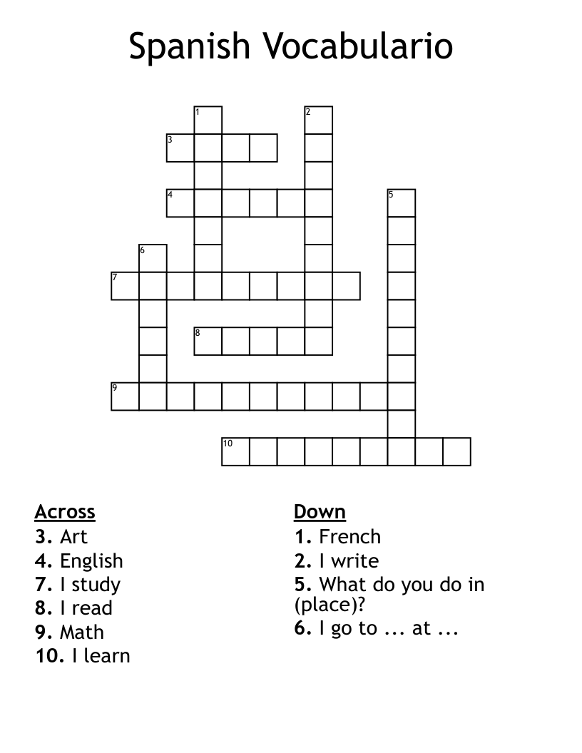 Spanish Vocabulario Crossword