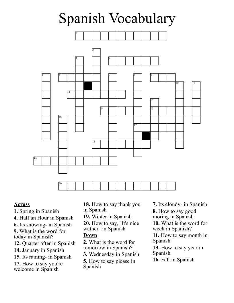 Spanish Vocabulary Crossword WordMint