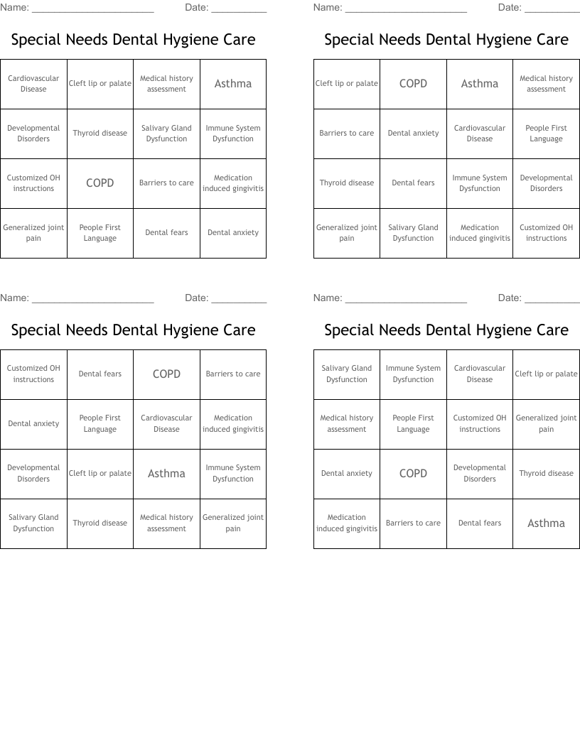 Special Needs Dental Hygiene Care Bingo Cards WordMint