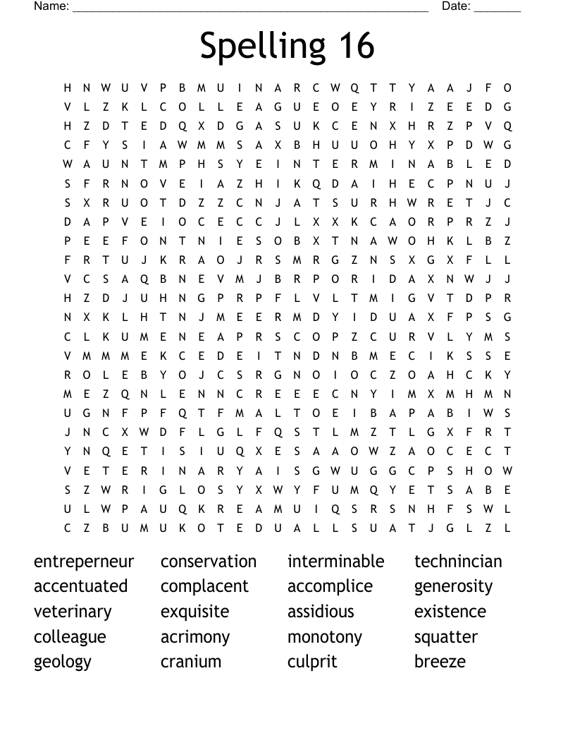Spelling 16 Word Search