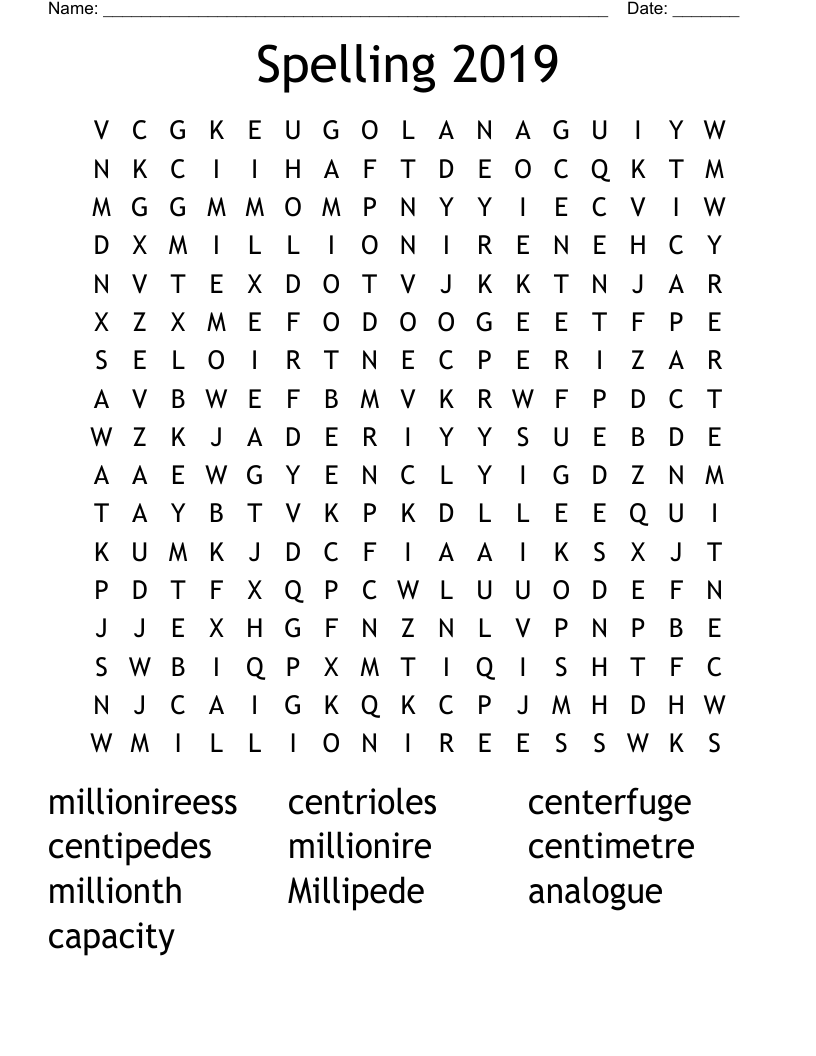 Spelling 2019 Word Search