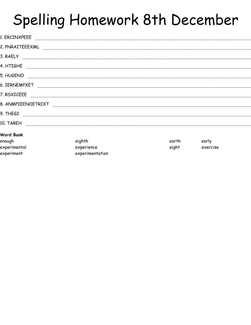 Spelling Homework 8th December Word Scramble