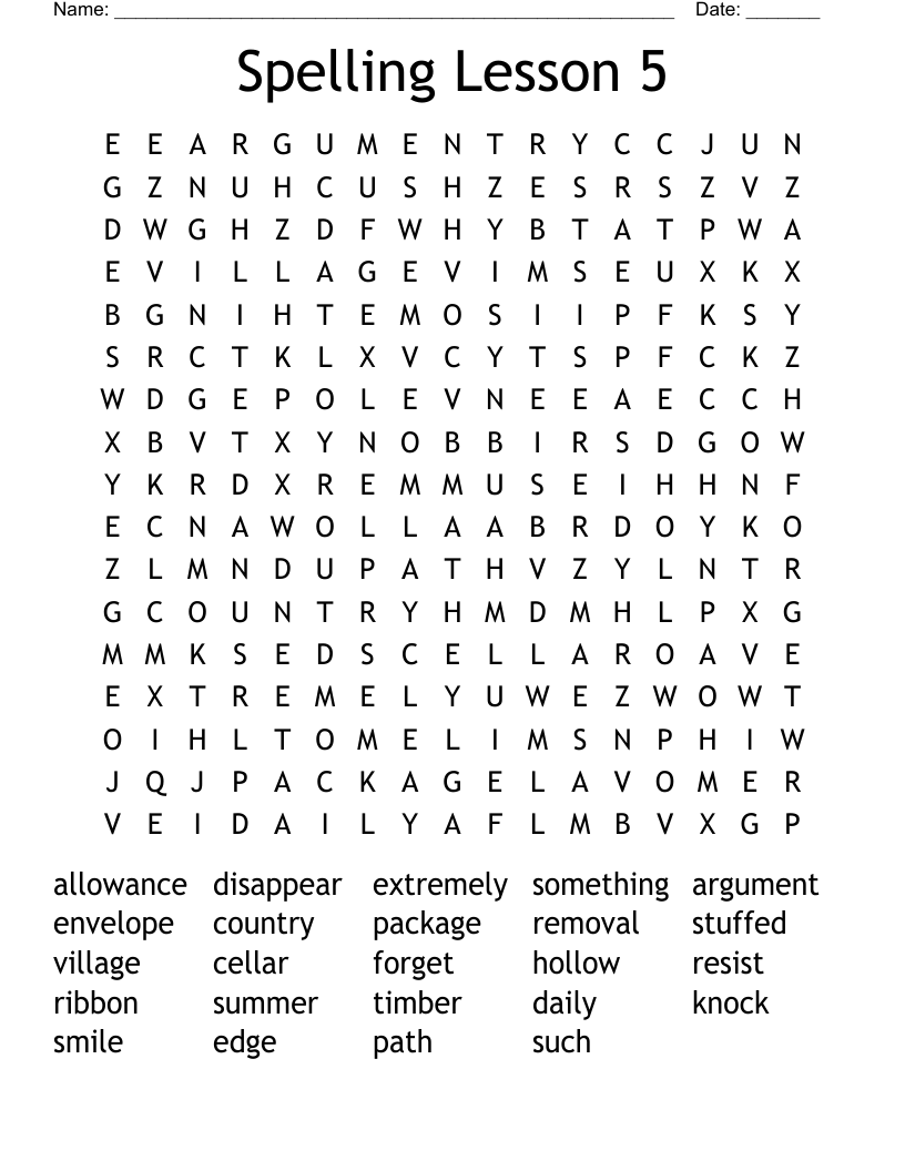 Spelling Lesson 5 Word Search