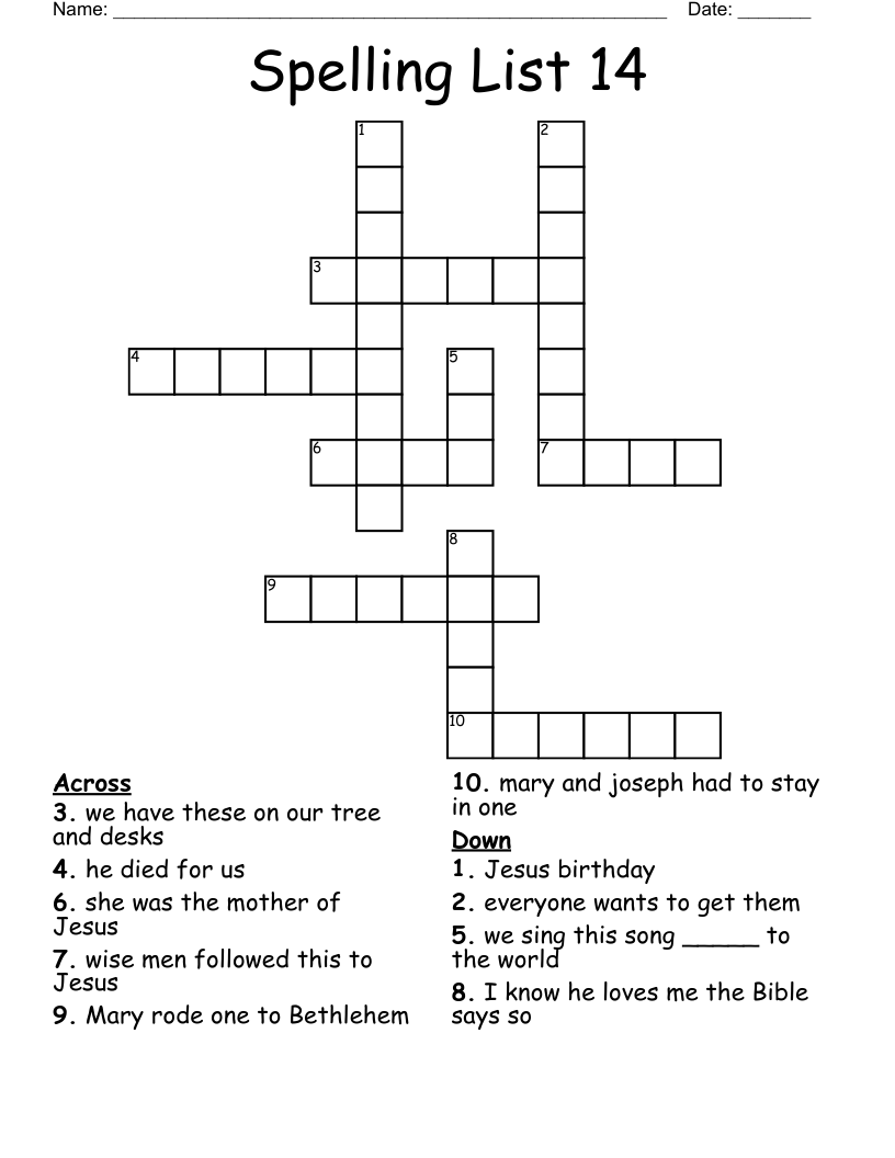 Spelling List 14 Crossword