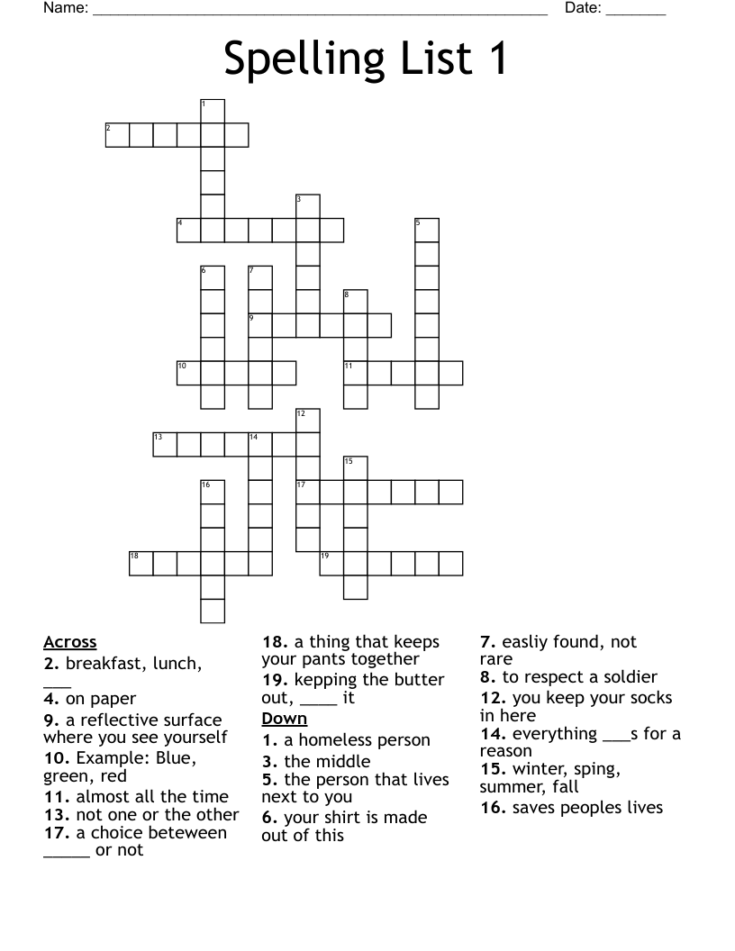 Spelling List 1 Crossword