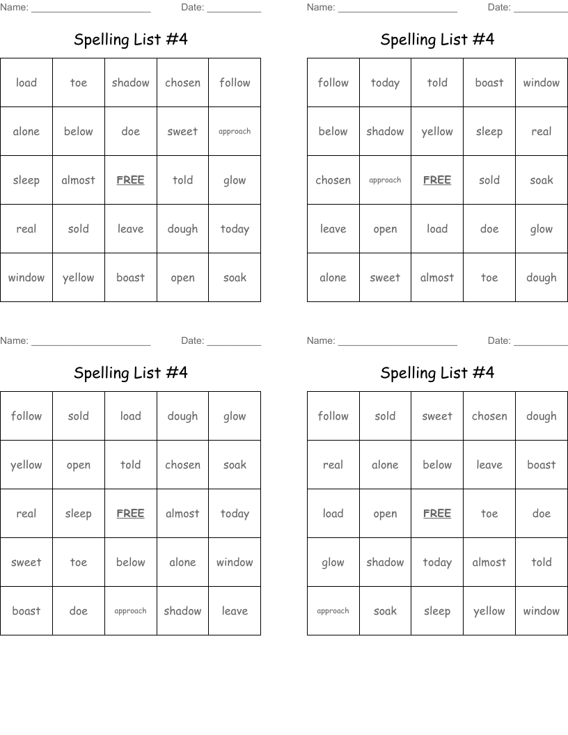 Spelling List #4 Bingo Cards